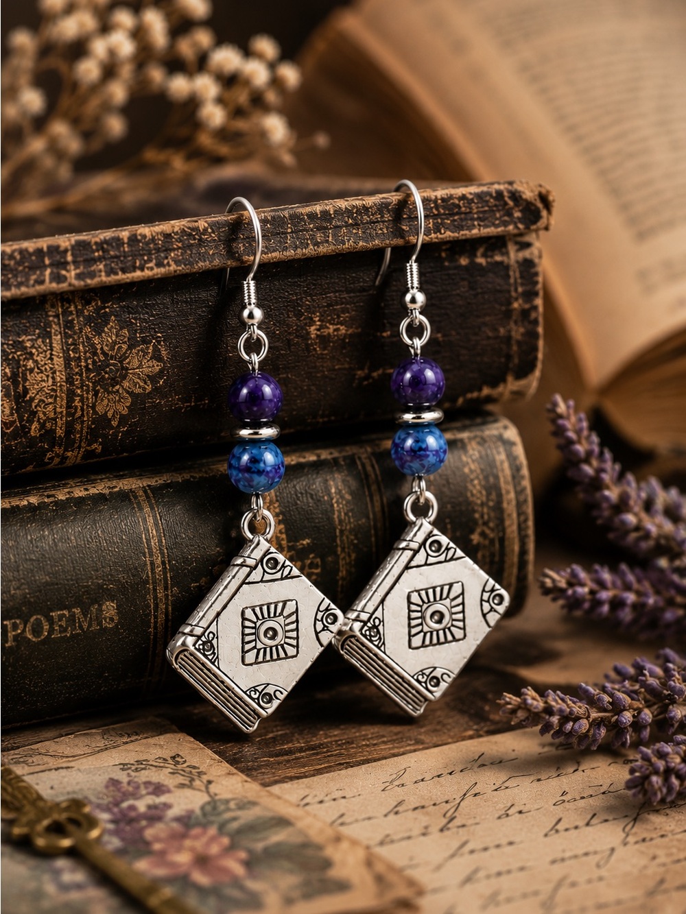 Book Lover Earrings, Silver Book Charm, Artisan Glass Beads, Literary Gift, MTO